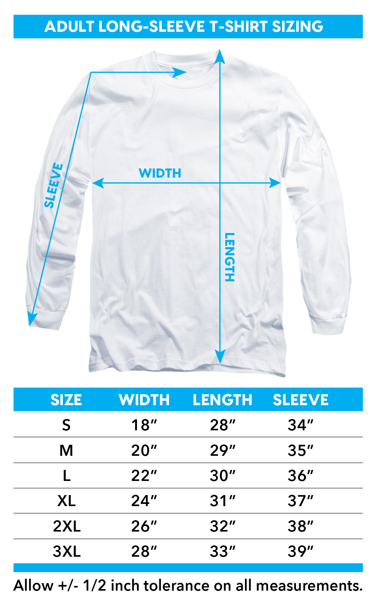 Sizing chart for Bruce Lee Long Sleeve T-Shirt - the Shattering Fist TRV-BLE110-AL